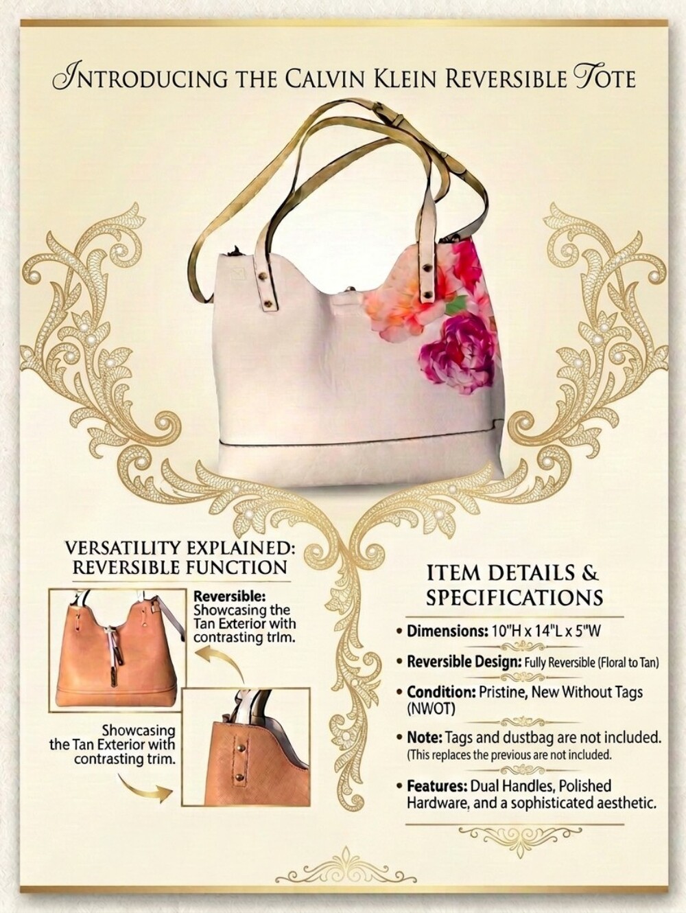 NWT Calvin Klein Reversible Tote White W/ Peonies And Tan On Reverse Gold Detail